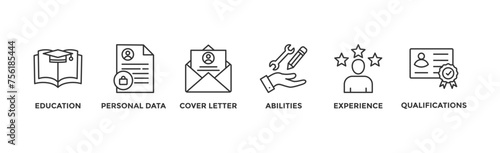 Curriculum vitae banner web icon vector illustration concept with icon of education, personal data, cover letter, abilities, experience and qualifications	