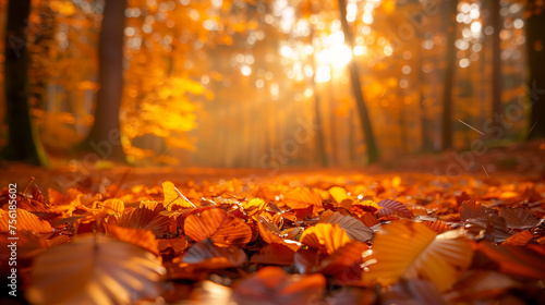 Golden autumn leaves carpet the ground in a forest bathed by warm sunlight.