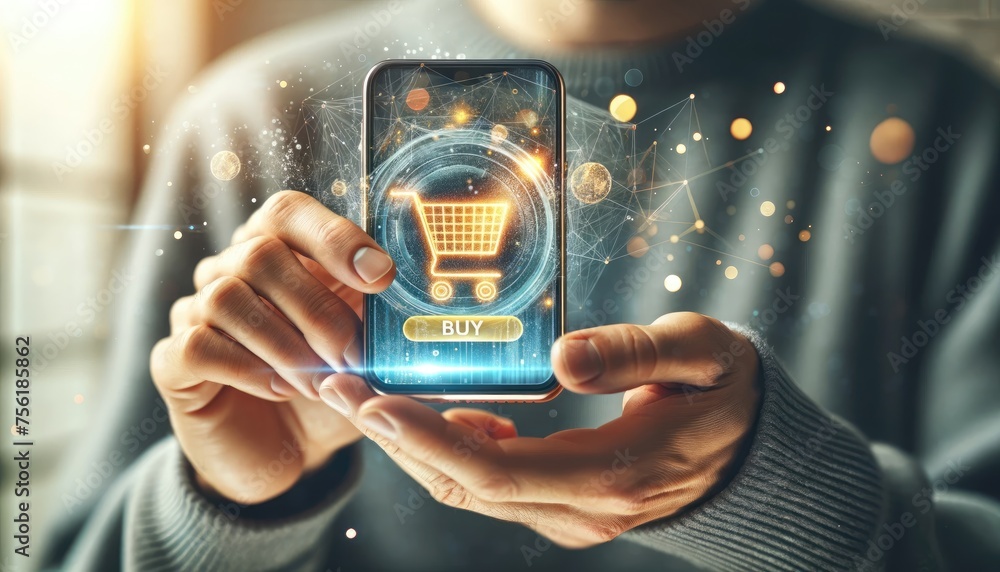 Fototapeta premium Hand interacts with a holographic interface projecting from a smartphone, illustrating a futuristic and secure online shopping experience.