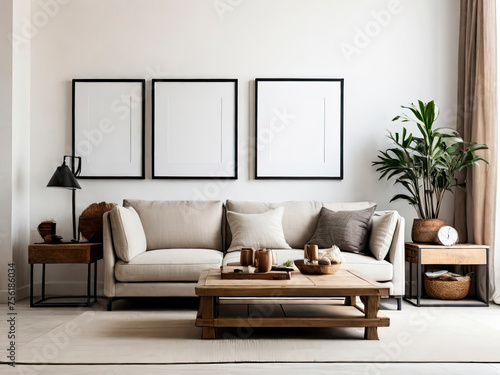 Blank Poster Frame mockup on white wall living room, modern interior with plant, tea Table, White sofa