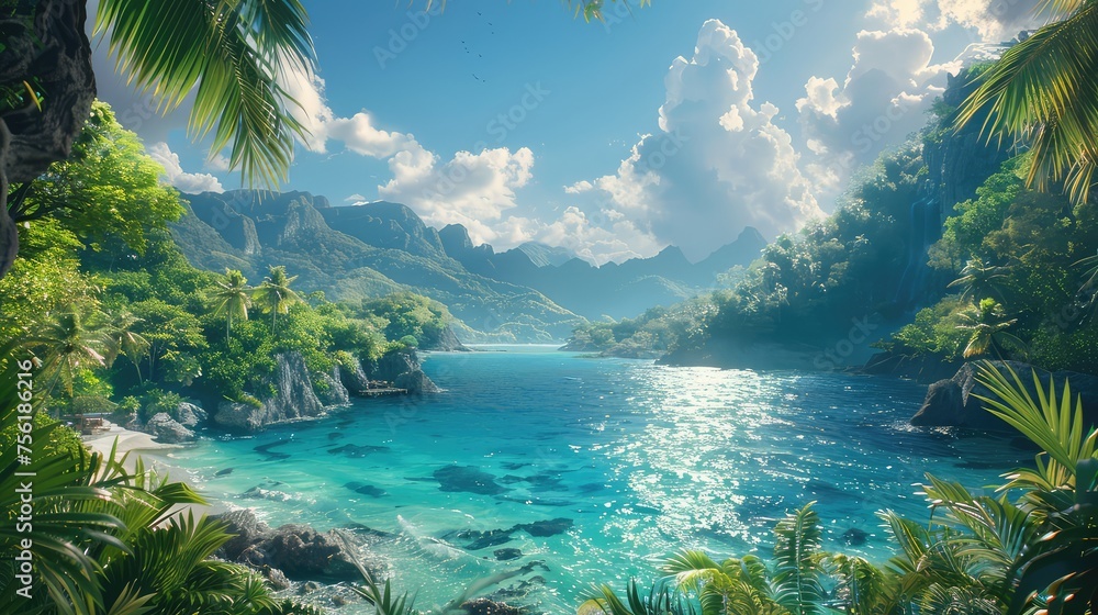 Paradise Found, Depict an idyllic paradise, where lush landscapes meet crystal-clear waters under a perfect sky, inviting viewers to imagine themselves in a blissful utopia - obrazy, fototapety, plakaty 