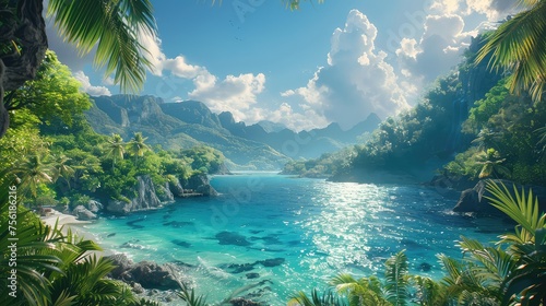 Paradise Found, Depict an idyllic paradise, where lush landscapes meet crystal-clear waters under a perfect sky, inviting viewers to imagine themselves in a blissful utopia photo