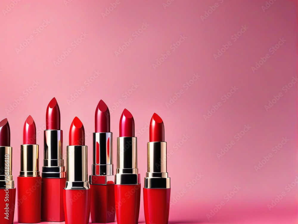 A row of red lipstick red background horizontal banner for makeup beauty and cosmetology free space for text A row of red lipstick red background horizontal banner for makeup beauty and cosmetology free space for text