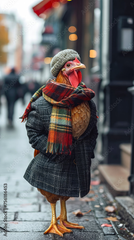 Suave turkey parades through city streets in tailored elegance, epitomizing street style. The realistic urban backdrop frames this fashionable fowl, merging farm charm with contemporary flair in a del