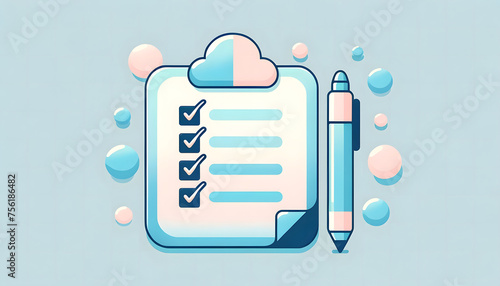 Flat design concept of checklist with pen and cloud on blue background