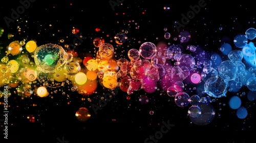 Colorful flying bubbles on isolated black background, texture, pattern. Generative AI