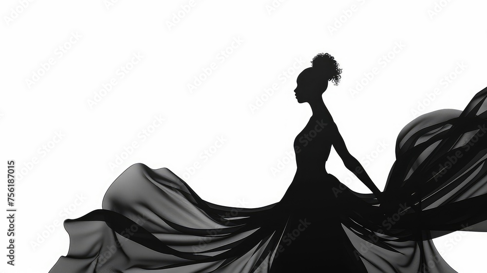 Elegant Silhouette: Black Girl in a Flowing Dress on a White Background Vector