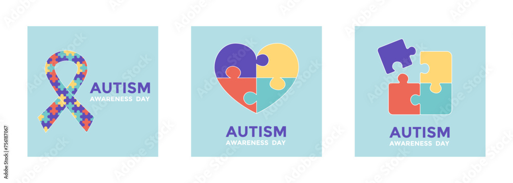 Autism Awareness Day. Puzzle.Set of square template for social media networks. Vector stock illustration.