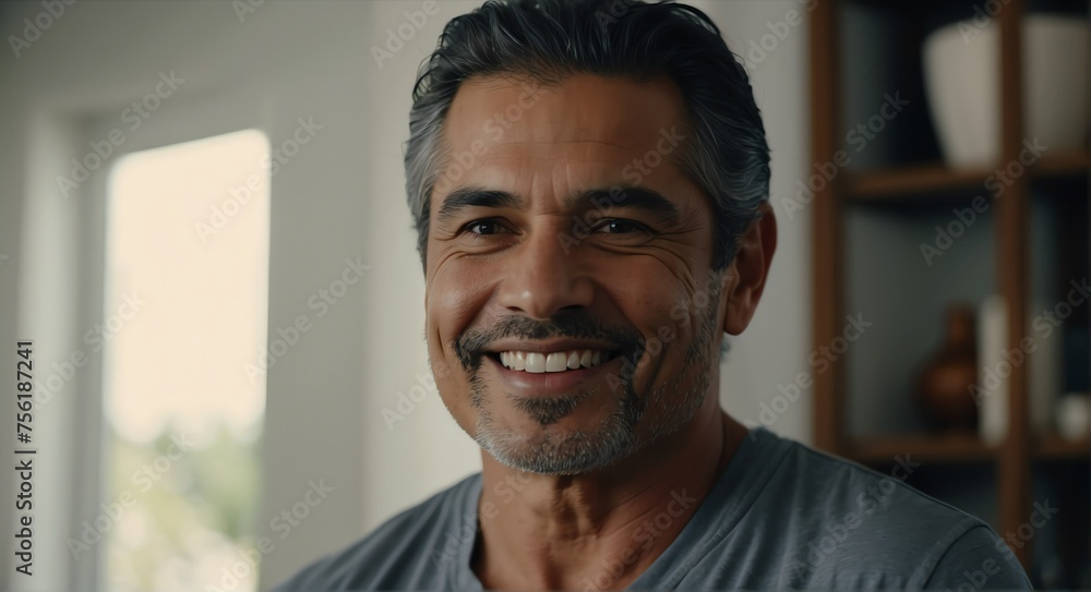 Portrait of handsome mid age single hispanic man smiling looking at the camera, living room background from Generative AI - obrazy, fototapety, plakaty 