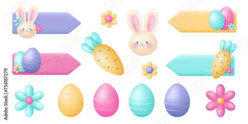 Set of cute Easter 3D elements for design, isolated on a white background.Eggs and flowers, bunny and carrots, arrows for an Easter egg hunt.Candy colors. Vector stock illustration.