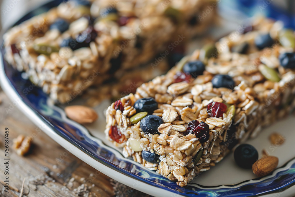 Close up of granola energy bars with dried fruits Close up of granola energy bars with dried fruits