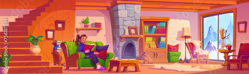 Young woman sitting on sofa and reading book in cozy winter chalet or home living room with fireplace, stairs and wooden furniture, mountains with snow peaks outside window. Cartoon cabin interior. © klyaksun