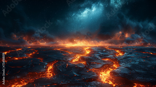 A stark contrast of fiery lava fissures splitting the desolate ground, set against the serene expanse of a star filled galaxy.