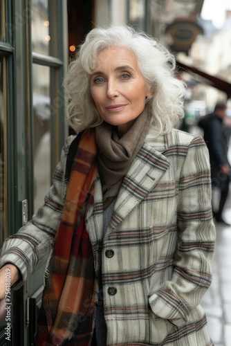 Sophisticated woman in plaid coat and scarf, city scene.
