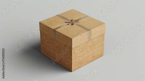 Cardboard gift box tied with ribbon on neutral background.