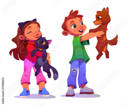 Kids care pets - boy hold dog in hands and girl hug cat. Cartoon vector illustration set of happy little children play with domestic animals. Friendship and love between toddler and pet companion.
