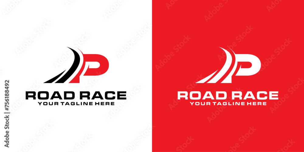 letter P and road racing logo designs, racing logos, asphalt, asphalt roads, automotive and workshops - obrazy, fototapety, plakaty 