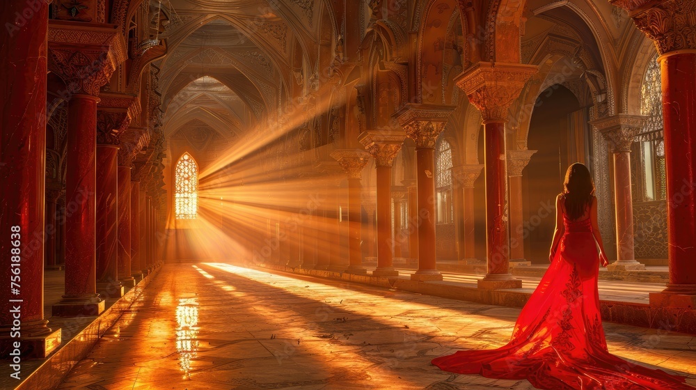 Woman in red dress stands in a beam of light in an ornate hall. Woman in red dress stands in a beam of light in an ornate hall.