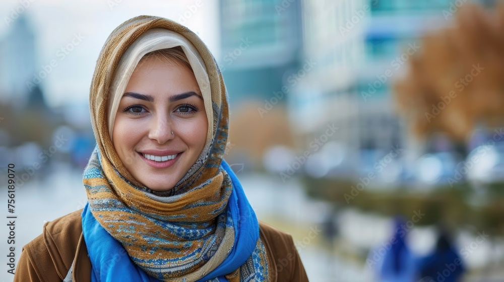 Joyful woman with blue and gold hijab, radiant against urban background. Joyful woman with blue and gold hijab, radiant against urban background.