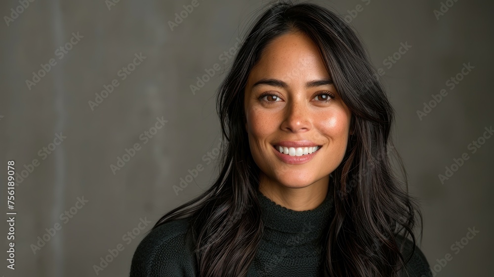 Woman with captivating smile wearing a cozy dark sweater. Woman with captivating smile wearing a cozy dark sweater.