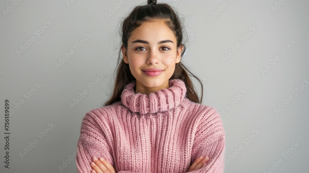 Confident young woman in a pink sweater, with arms crossed. Confident young woman in a pink sweater, with arms crossed.