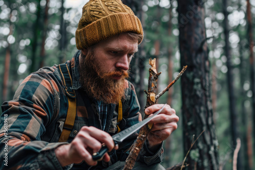 young male survivalist sharpening stick with knife in forest photo