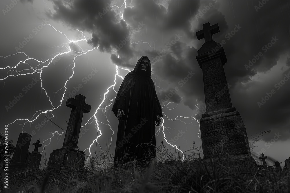 Silhouette of a sinister reaper in a cemetery - obrazy, fototapety, plakaty 