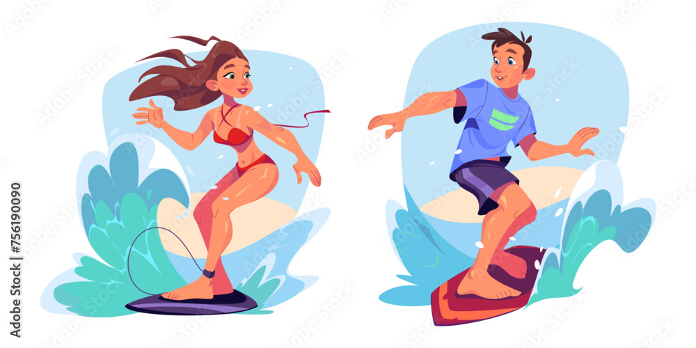 Naklejka premium Surfers catching and riding wave on board. Cartoon vector illustration set of young man and woman standing on surfboard in sea or ocean. Happy active people swimming. Summer beach extreme adventure.