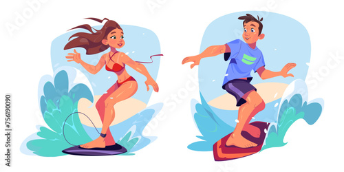 Surfers catching and riding wave on board. Cartoon vector illustration set of young man and woman standing on surfboard in sea or ocean. Happy active people swimming. Summer beach extreme adventure. photo