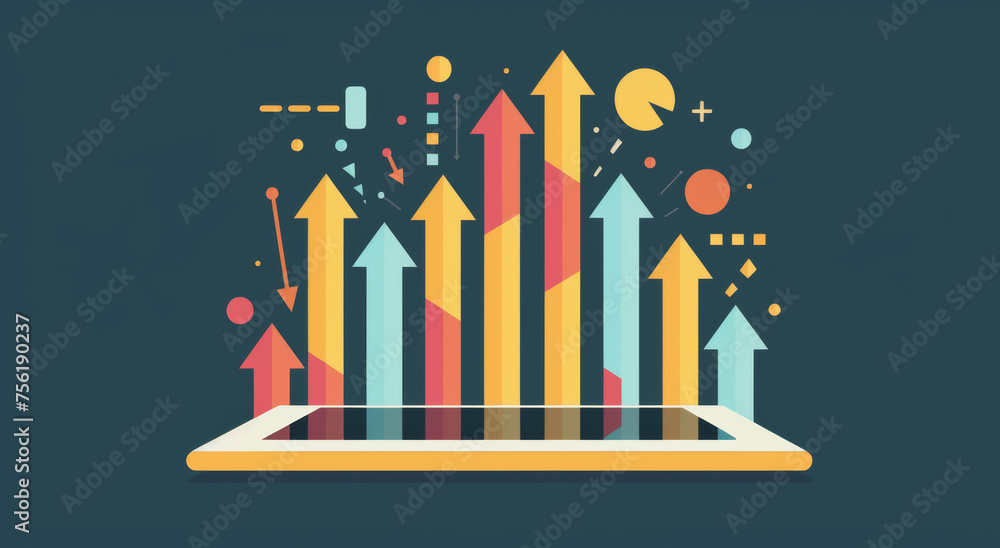 Arrow, stock market and finance background design for business, economy and global inflation. Graphic, seo or marketing strategy graphic wallpaper for banking, investment growth and forex trading. - obrazy, fototapety, plakaty 