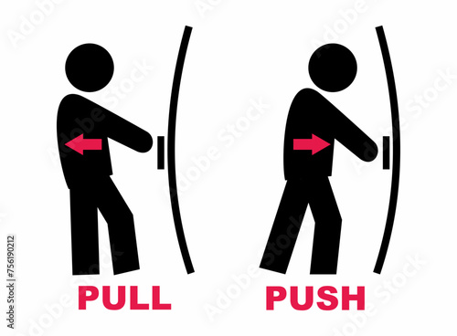 Opening door, Person and entrance, exit, push, pull, black symbol, icon, vector