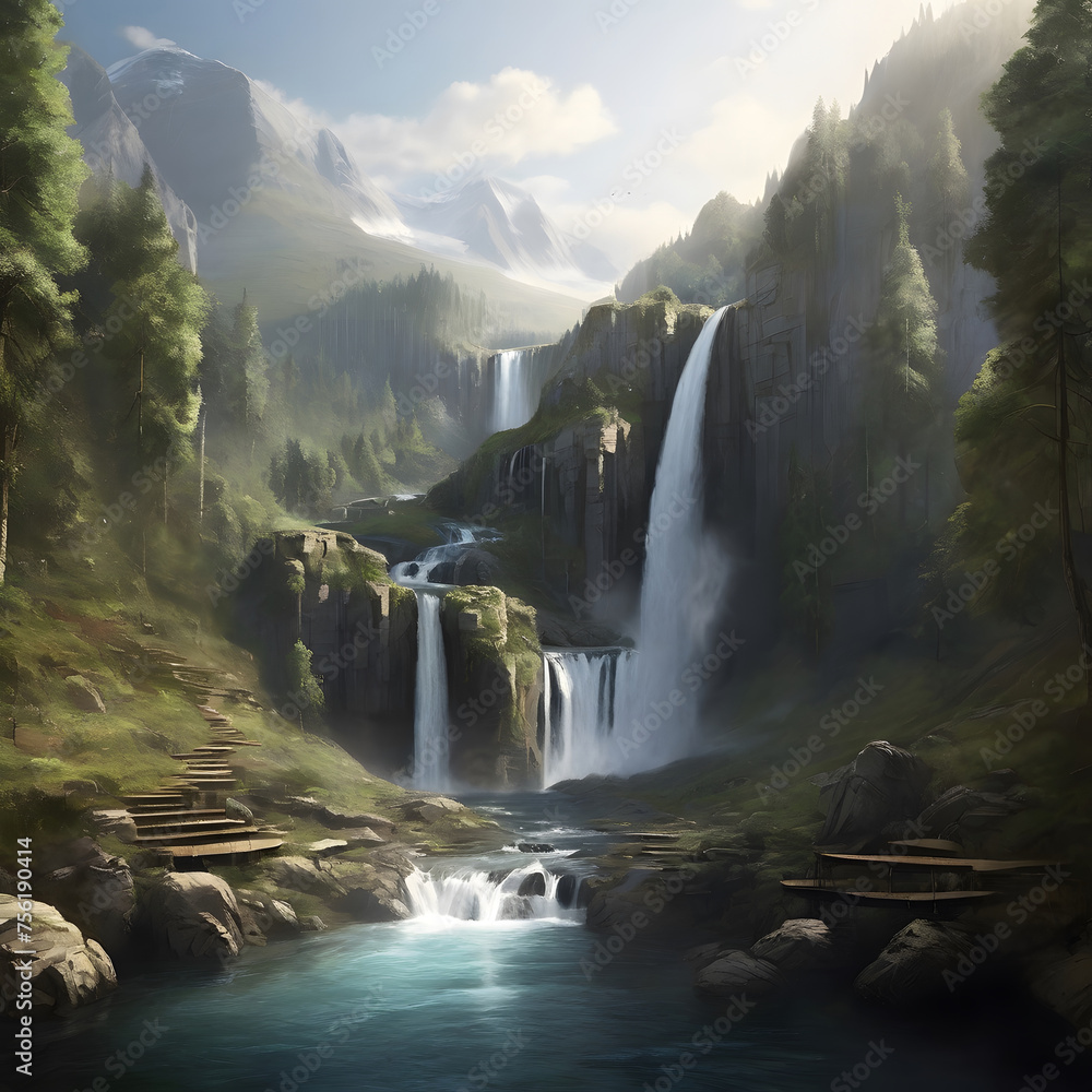 Fototapeta premium A waterfall in the middle of the mountain forest