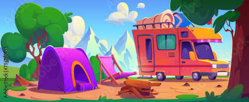Camping place with camper van with baggage on top, tent, lounge chair and bonfire place in forest near mountains. Cartoon summer day scene with caravan during outdoor vacation.