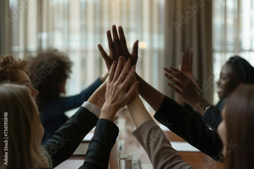 Excited business team giving high five at briefing, sitting at table in boardroom, motivated for shared success