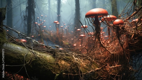 Microscopic fungi growing in a forest of tangled wires and cables photo