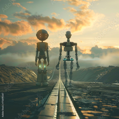 Generate an awe-inspiring scene of robots and humans taking a transcendental journey together on a road leading to the unknown
