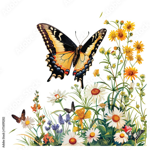 Butterfly on Wildflower Clipart isolated on white background