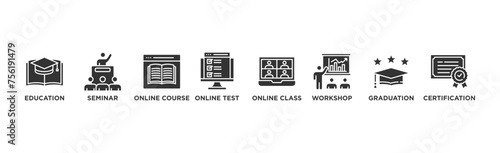Online training banner web icon vector illustration concept with icon of education, seminar, online course, online test, online class, workshop, graduation, certification