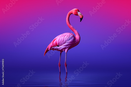 oiseau   chassier  flamant rose les pattes dans l eau  de profil   sur un fond d  grad   rose et bleu  avec espace n  gatif pour texte copyspace