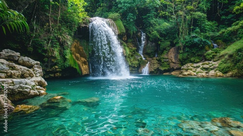 A tranquil blue pool is fed by a serene tropical waterfall amidst the lush greenery of a secluded oasis  forming a picturesque and peaceful setting.