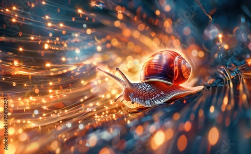 A snail is on a wire that is surrounded by bright lights. The snail is glowing and he is in a dreamlike state