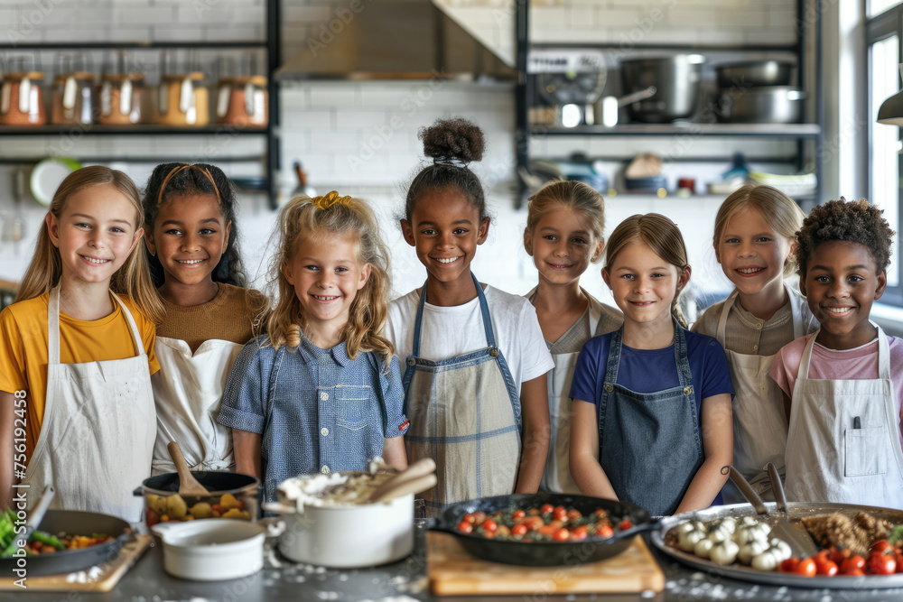 Group of happy diverse kids in kitchen. Positive happy baking and cooking