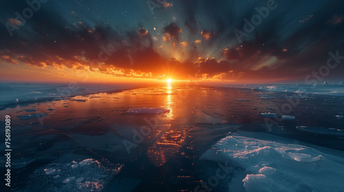 The sun sets behind a majestic Arctic iceberg, casting a warm glow over the icy landscape and calm sea.
