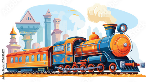 Cartoon funny looking steam train on the train stati photo