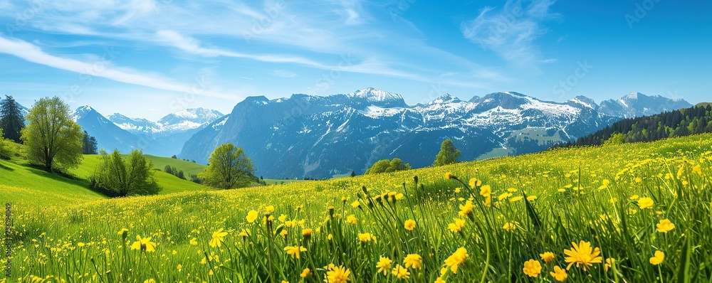 Fototapeta premium View of meadows and flowers in a mountain valley when the sky is clear