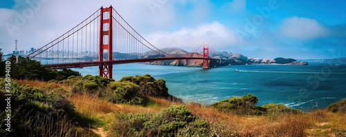 View of the red steel suspension bridge in San Francisco Bay during the day