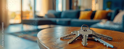 Keys from apartment at home on wooden table.