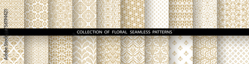Geometric floral set of seamless patterns. White and golden vector backgrounds. Damask graphic ornaments