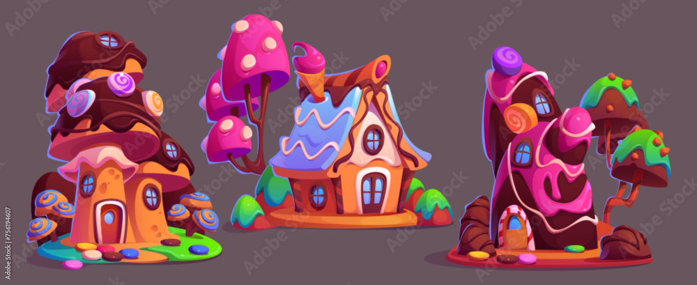 Candy houses set isolated on black background. Vector cartoon illustration of sweet land design elements, gingerbread houses with chocolate roof, lollipop and ice cream decoration, dessert buildings