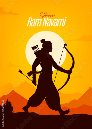 Shree Ram Navami, vector Illustration, the silhouette of Lord Ram and nature background, Social media post, Poster, and, Banner design template.